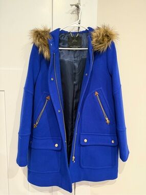 J. Crew Royal Blue Hooded Puffer Coat with Faux Fur Trim